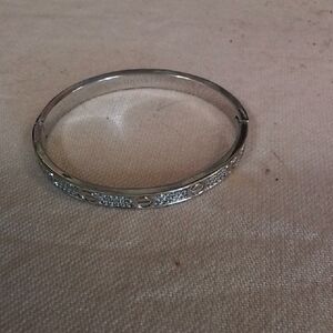 Silver-Tone Women's Hinged Bangle Bracelet with Crystal Accents